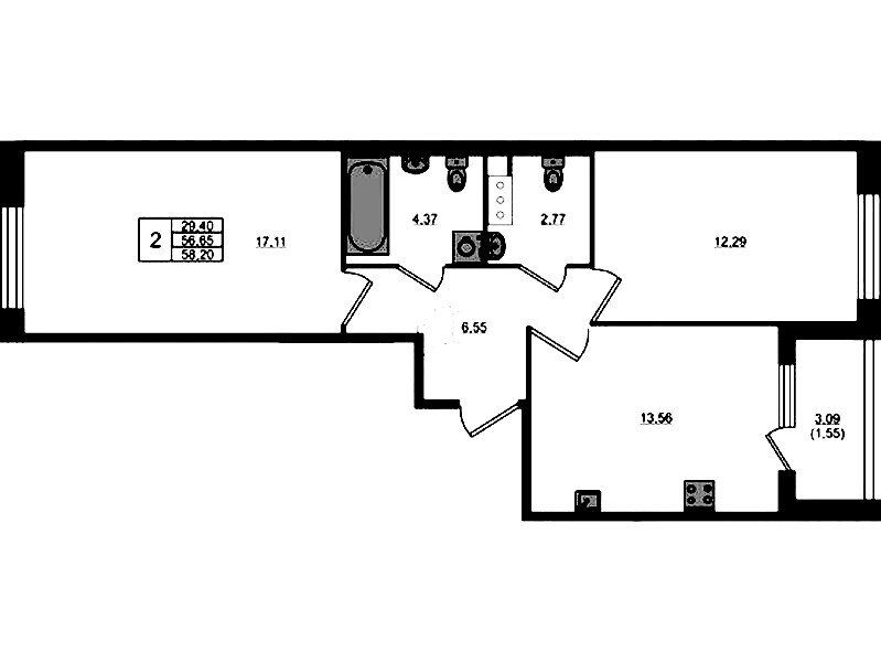 2-комнатная квартира 56.65 м², 3/5 эт., ЖК «Plus Пулковский»